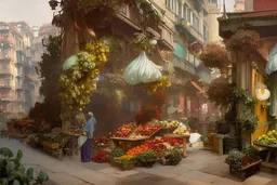 A greengrocer in colorful genoa street+Italian sea+alphonse mucha, greg rutkowski,matte painting, cryengine, hyper detailed, felix kelly, fantasy art, seb mckinnon