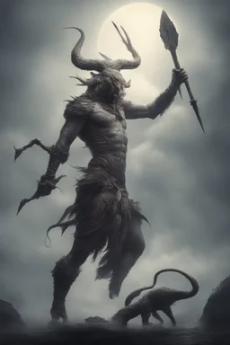 A worrier holding a spear fighting with a creature from another world