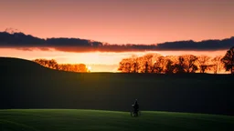 Silhouette of a lone rider on the green hill at sunrise