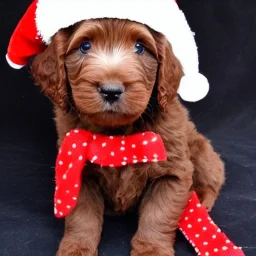 brown labradoodle puppy with a santa hat, very cute, adorable