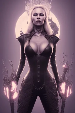 Pamela Anderson as evil queen in black leather, leather, busty, cleavage, angry, stern look. character design by cory loftis, fenghua zhong, ryohei hase, ismail inceoglu and ruan jia. unreal engine 5, artistic lighting, highly detailed, photorealistic, fantasy