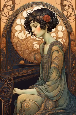 create an art nouveau, highly ethereal, darkly magical lithographic print illustration of a deeply sorrowful, girl with short cropped hair, seated at her piano , with highly detailed and deeply cut facial features, in the style of GUSTAV KLIMT and ALPHONSE MUCHA, combined with the style of JEAN-BAPTISTE MONGE and JEAN GIRAUD MOEBIUS, searing lines and forceful strokes, precisely drawn, boldly inked, and darkly colored