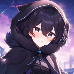 floating in air, backflip,{{anime}}, detailed beautiful short hair,{{fluffy hair}}, delicate and intricate hair, black loose raincoat with hood, purple and black eyes, blush, beautiful detailed eyes, {beautiful face}, cinematic light,{masterpiece}, beauiful illustration, offical art, upanime