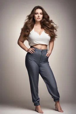 full-body-portrait-of-a-woman-curvy-with-flowing-hair,pretty pants and top, perfect face photo studio lights