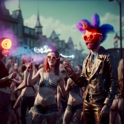 Ultra Realistic photo, medium shot view, drunken women, carnival scene, freak steampunk. hair monster, Sunglasses, smoking, happy, hot. Cabaret background, highly detailed, concept art, unreal engine 5, ray tracing, RTX, lumen lighting, ultra detail, volumetric lighting, 3d, finely drawn, high definition, high resolution.