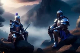 two medieval knights in armor sitting near rocks and smoking while looking at distant mountains with purple and blue distant mist and glowing mushrooms and plants around the soldiers