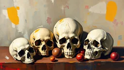 Abstract, expressionist painting featuring a still life with skulls.