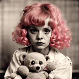 Childish Clara bow with pink hair, big eyes, , with a teddy bear