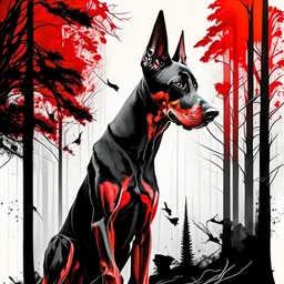 Doberman dog sitting, front view, full body, ink lineart red white black pointy ears trees, front view