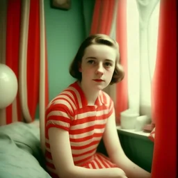 billie eillish with freckles and red cheeks, in a bubble, in a bedroom, autochrome, background with red and white stripes