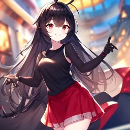 Clear focus,High resolution,High quality, Smiling, Black Sleeveless shirt with stripes, Wearing a red skirt, Wearing black long socks, Black Long hair with a ahoge, Red eyes, Wearing black gloves