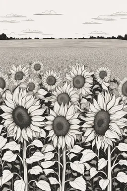 outline art forSunflower Field: A large field of sunflowers that radiate the warmth of summer.. no people, White background. sketch style, clean line art, white background, no shadow and clear