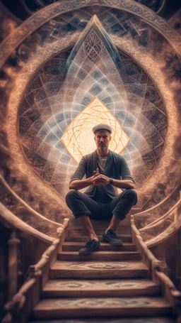 smoking swirl,mandala style framed playing card illustration, close up portrait of a harp man sitting atop a house of cards, arms stretched up, posing for photo shoot in stairs and bridges woven into a sacred geometry , bokeh like f/0.8, tilt-shift lens 8k, high detail, smooth render, down-light, unreal engine, prize winning