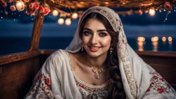 Hyper Realistic Photographic-Close-View Young Beautiful Happy Pashto Woman-Alone with beautiful eyes wearing white-embroidery-Dress-with-velvet-black-shawl Happily-Sitting in a ship-decorated-with-flowers-&-garland-lights in-the-middle-of-sea with cloudy-moonlight at beautiful-dark-night showing dramatic & cinematic ambiance.