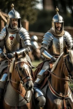 Two medieval knights in full dress on their horses