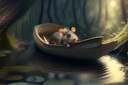 mouse in boat, in forest by stream, book illustration, fine detail, 4k, trending, volumetric light, depth of field