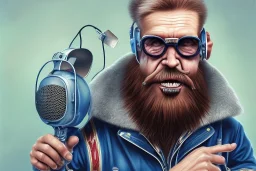 Peinture d un vieux animateur radio, lunettes, barbe, chauve, casque, micro, t shirt iron maiden