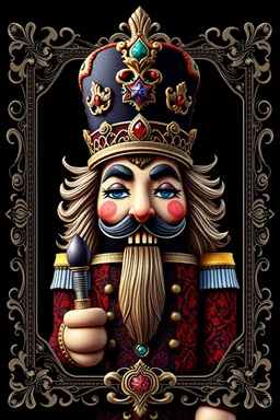 Centered, Ornate, Collectable Trading Card of lisa frank pattern fantasy character portrait of Crisp Digital Art, holiday nutcracker by Aleksi Briclot, T-Shirt Design, Black Background, Detailed Frame, Border, in SNES arcade game, ultra realistic, wide angle, intricate details, retro Nintendo bitmap pixel art, highly detailed by peter mohrbacher, wayne barlowe, , hajime sorayama aaron horkey, gaston bussiere, craig mullins