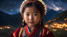 little very young Tibetan girl, beautiful, peaceful, gentle, confident, calm, wise, happy, facing camera, head and shoulders, traditional Tibetan costume, perfect eyes, exquisite composition, night scene, fireflies, stars, Himalayan view, beautiful intricate insanely detailed octane render, 8k artistic photography, photorealistic concept art, soft natural volumetric cinematic perfect light, chiaroscuro, award-winning photograph, masterpiece, Raphael, Caravaggio, Bouguereau, Alma-Tadema