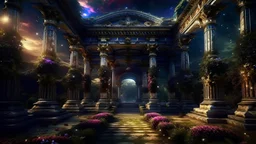 my dreams . fantasy In the garden my mind bows . the meditation in the midst in the california jungle , Colonnades for meditation new palace , mountains. space color is dark , where you can see the fire and smell the smoke, galaxy, space, ethereal space, cosmos, panorama. Palace , Background: An otherworldly planet, bathed in the cold glow of distant stars. Northern Lights dancing above the clouds in brazil Fantasy gate floating in the universe