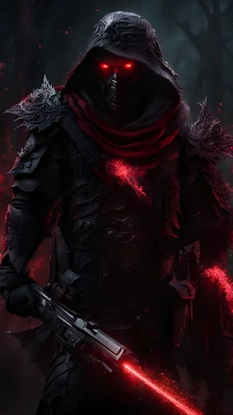 dark fantasy, close up ranger, preparing to shoot, intricate details, insane details, volumetric lighting, ominous atmosphere, ominous lights, spectral atmosphere, red sparkles, random scenario
