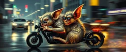 master oil painting by Rembrandt, glasses and ticks, cyberpunk imagery synchronized stylized fluffy gremlin with wolf rat aura laying low with drumming kit flat power trike , wet reflective salt flat city, fast motion blur background