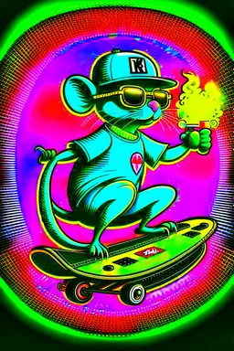 A rat on a skateboard, with glasses and a helmet; the rat laughs; fire coming from behind; cartoon style complementary colors, with the text "FISCALIA COLOMBIA"