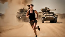 beautiful slender caucasian female technician, black tank top, angry, running, well toned muscles, weathered face, scratched sand camo metal details, short brunette wavy bob haircut, dystopian, desert scene with smoke and explosions,