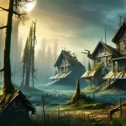 Postapocalyptic scenery, town, forest, houses, overgrown, 16k