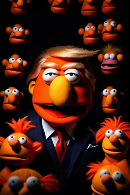 Waist up Angry muppet Portrait of Accurately representing Orange Donald J Trump as muppet doll made of felt, president, photo studio, black background, unreal engine 5, concept art, art station, ray tracing, lumen lighting, ultra detail, volumetric lighting, 3d. He looks 80 years old.