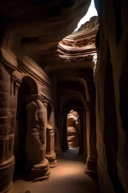 construcciones dentro de cuevas labradas en paredes de roca con la estructura de la ciudad de Petra, debajo de la tierra donde no entra luz
