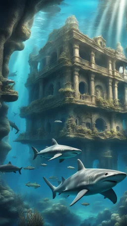Underwater village with all abandoned building and statues like lost city of Atlantis , a discovery submarine , lot of sharks and fish and marine creatures around