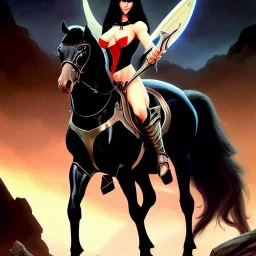 ultra detailed portrait of beautiful Vampirella Riding a black horse,wearing plate armor, extremely detailed digital painting, in the style of FRANK FRAZETTA and Earl Norem and fenghua zhong and ruan jia and jeremy lipking and peter mohrbacher, mystical colors, rim light, beautiful lighting, 8 k, stunning scene, raytracing