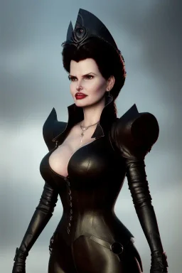 Geena Davis as evil queen in black leather, leather, busty, cleavage, angry, rage, stern look. character design by cory loftis, fenghua zhong, ryohei hase, ismail inceoglu and ruan jia. unreal engine 5, artistic lighting, highly detailed, photorealistic, fantasy