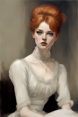 Athletic Petite Pale Russian Redhead Woman 30yo in a victorian dress, Long Eye Lashes, Eye Shadow, Eye Liner, by Robert McGinnis