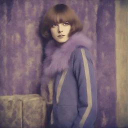 Mary Quant, Hippie girl, jeans, purple fur, striped wallpaper, old autochrome