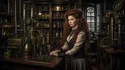 pale-faced woman with auburn wavy shoulder-length hair, with detailed steampunk metal arms and legs, dressed like a Victorian, in a laboratory full of small machines