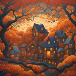 autumn magnificence, CITYSCAPE, golden sunset, cozy houses with warmly lit windows, flying leaves, windy trees, falling leaves, entwined gnarled tangled interwoven twisted ornamental idyllic tree branches, maximalist ornamental details, by Kazumasa Nagai, Tarsila do Amaral, folklore decorative elements, aboriginal dot patterns