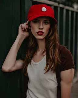 woman with a red baseball hat.