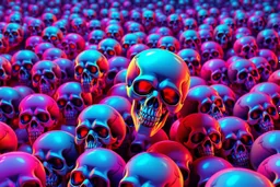 a field of 1000s of cartoonish, anatomically correct, skulls, vivid RANDOM BRIGHT neon colors, dark comedy, well lit, high detail, photorealistic, horrorcore, fun, scary, none featured, each a different color or hue,