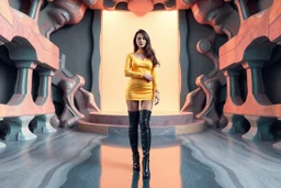 beautiful full body with long boots lady in surreal stage made of fractal random size polygonal recursive 3d objects with strip random colors in clothing similar to environment full body posing to camera