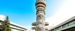 A white art museum in the sky with Pacific Northwest totem poles