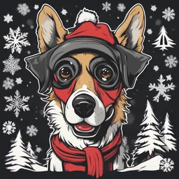 Vector graphic for t-shirt design, sticker, centered circle masked, (smiley Santa dog, Party, Graffity, streetwear, Tree, Snowflakes, Christmas scene), retro style, white clean background, solid white background, Vivacious, Cheiron Crush, Furry, fisheye, Houdini rendering, Grainy, badge, black colors, Grindhouse, Beautiful lighting, Realistic dramatic lighting, highly detailed environment, cinematic quality, Redshift render, 4k
