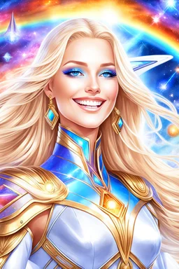 cosmic woman smile, admiral from the future, galactic confédération, fine whole face, crystalline skin, expressive blue eyes,rainbow, smiling lips, very nice smile, costume pleiadian, Beautiful tall woman pleiadian Galactic commander, ship, perfect datailed golden galactic suit, high rank, long blond hair, hand whit five perfect detailed finger, amazing big blue eyes, smilling mouth, high drfinition lips, cosmic happiness, bright colors, blue, pink, gold, jewels, realist, high,rainbows