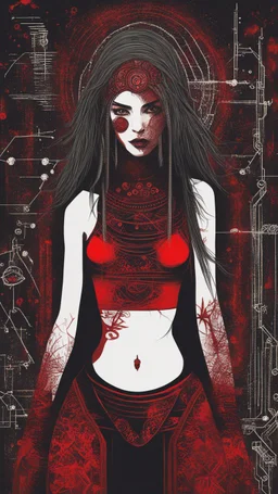 cyberpunk woman character in style of Warli painting red to black, darkmood, surreal, bizarr