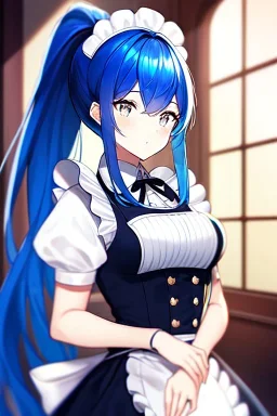 girl, masterpiece, best quality, cinematic lighting, detailed outfit, vibrant colors, perfect eyes, blue hair, long hair, white eyes, ponytail, maid, indoors,