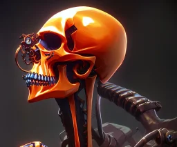 a clamp tool gripping a skull, color metallic orange striped construction, robotic arm ending in clamps, Phyrexian background