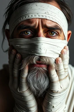 a very sad hurt man with beard, he is covered all the body with bandage and are in deep pain, only the eyes