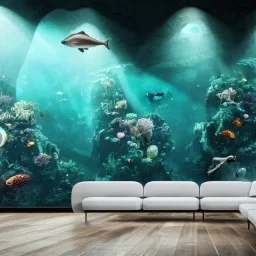 a gorgeous, stunning underwater room with white couch on dark wood floor, stones and foliage in room, ocean marine life behind glass wall, 8k resolution, high-quality, fine-detail, iridescent, intricate, digital art, detailed matte, volumetric lighting, illustration, 3D octane render, brian froud, howard lyon, selina french, anna dittmann, annie stokes, lisa parker, greg rutowski, George Grie, Ben Goossens, Igor Morski