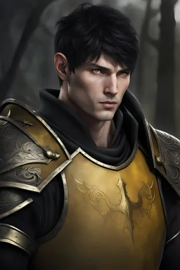 One male. Attractive. black hair. Short hair. Fade hair. Shaved on the sides hair. Yellow eyes. Medieval armor . Handsome. Pale skin. Masculine. Best quality. Adult. 4k quality. Detailed. 25 years old. Portrait. Correct proportions. Pointy ears. Muscular. Black war face paint.